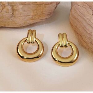 Gold Tone Door Knocker Style Stud Dangle Earrings Lightweight Stainless Steel